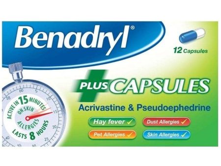 Benadryl Allergy Relief Plus Decongestant Capsules Pack of 12 For Sale