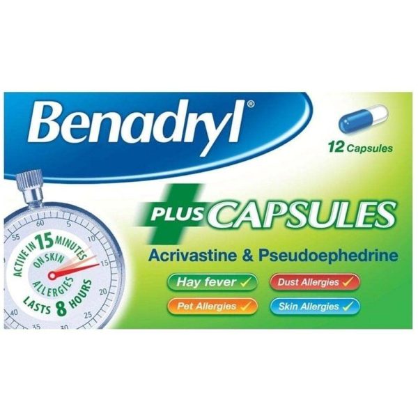 Benadryl Allergy Relief Plus Decongestant Capsules Pack of 12 For Sale