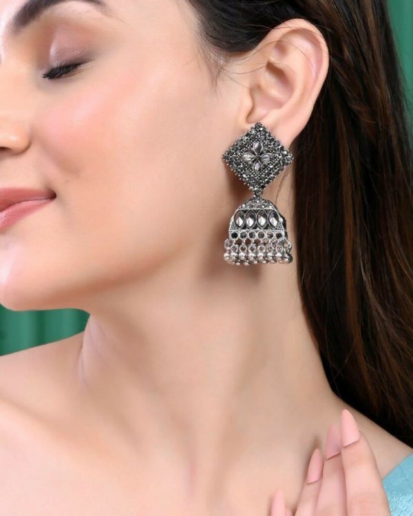 VOJ Black-Toned AD Studded Dome Shaped Jhumkas Earrings Online