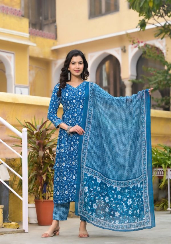 Indian Fashion Women Blue colour Printed Viscose Blend Kurta, Pant And Dupatta Set Hot on Sale