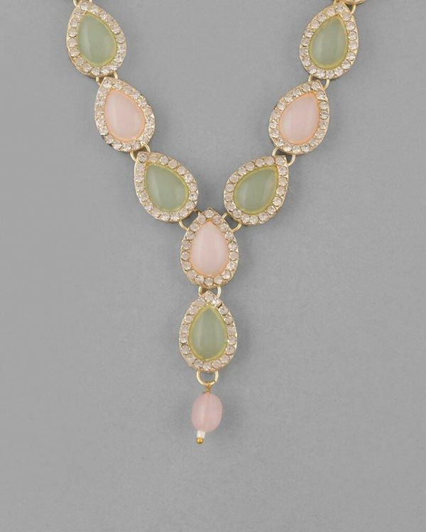 VOJ Gold Plated Nude Pink And Mint Green Stone Studded Jewellery Set With Maang Tikka Online