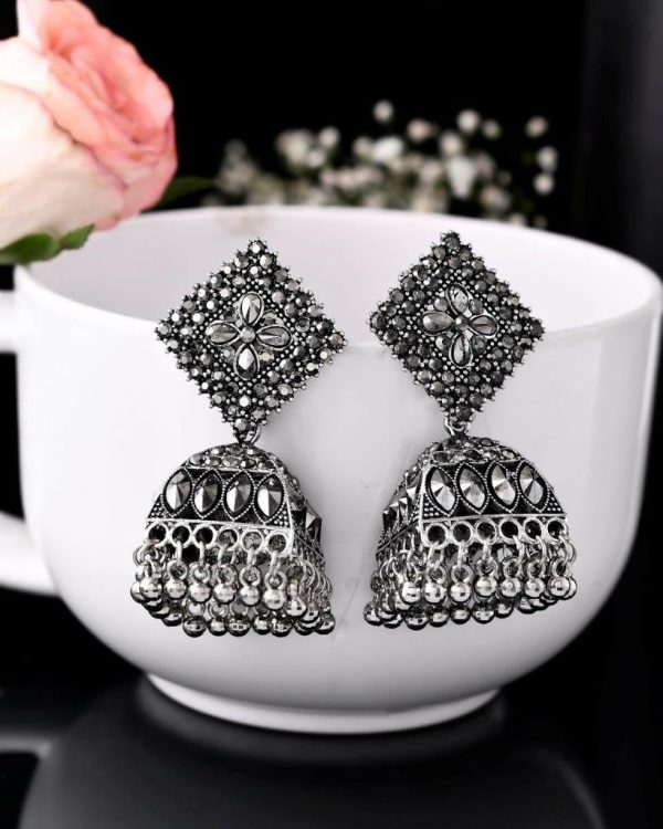 VOJ Black-Toned AD Studded Dome Shaped Jhumkas Earrings Online