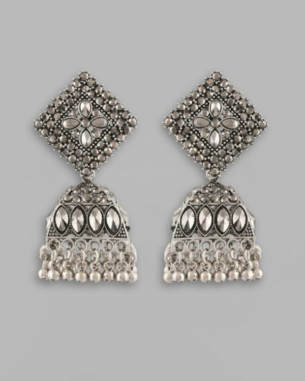 VOJ Black-Toned AD Studded Dome Shaped Jhumkas Earrings Online