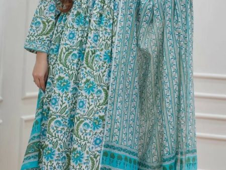 Indian Fashion Women Green Printed Viscose Rayon Kurta, Pant And Dupatta Set For Sale