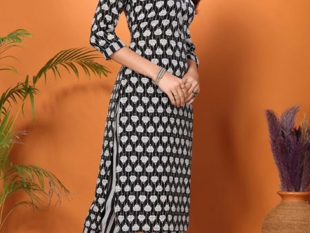 Indian Fashion Women Black and whiten Printed Viscose Rayon Kurta AND Pant on Sale