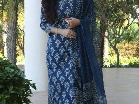 Indian Fashion Women Blue colour Printed Viscose Blend Kurta, Pant And Dupatta Set on Sale