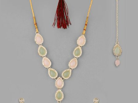 VOJ Gold Plated Nude Pink And Mint Green Stone Studded Jewellery Set With Maang Tikka Online