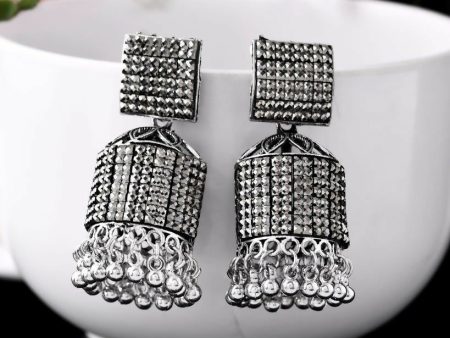 VOJ Black-Toned AD Studded Square Dome Shaped Jhumka Earrings For Sale