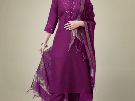 Malishka Women s Embroidered Purple Cotton Blend Kurta Pant Dupatta Set Online Hot Sale