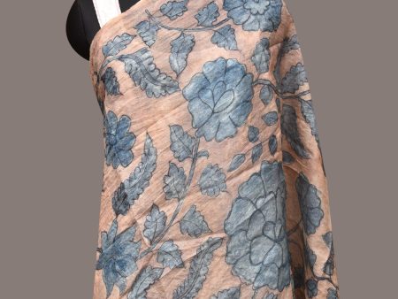 Blue Kalamkari Hand Painted Tussar Dupatta with Floral Design - Global Threads Online Sale