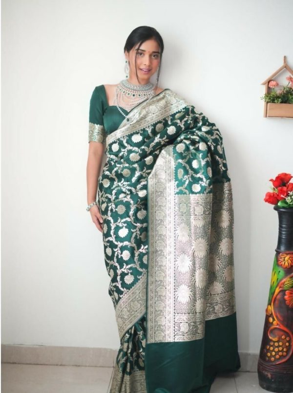 Malishka Banarasi Silk Jacquard Ready To Wear Saree With Blouse Piece - Dark Green Discount