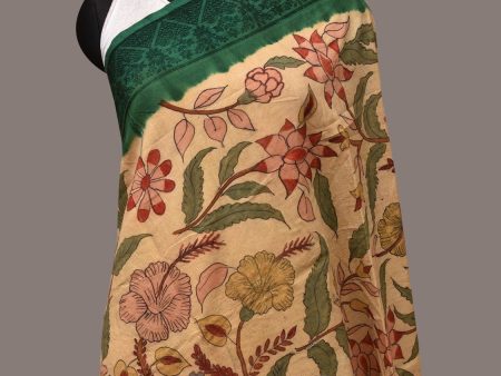 Cream and Green Kalamkari Hand Painted Cotton Silk Handloom Dupatta with Floral and Embroidery Design - Global Threads Online