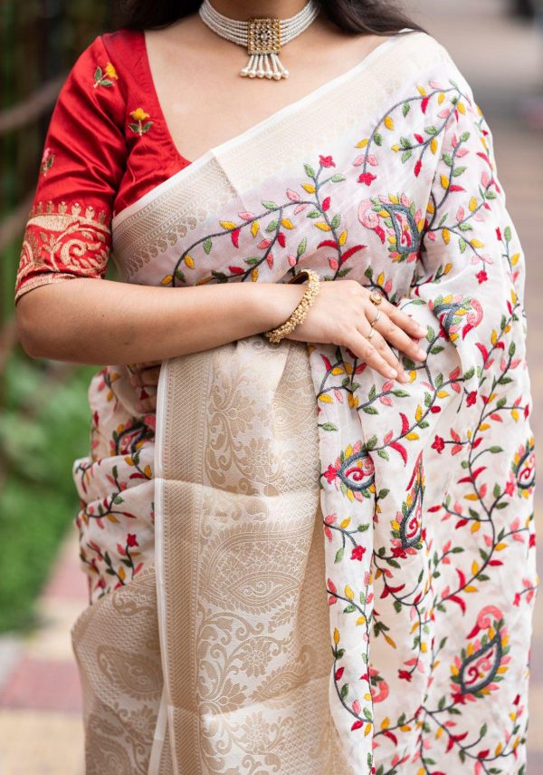 White Jute Silk Ethnic Motifs Saree with Unstitched Blouse - Hiral Fashion Cheap