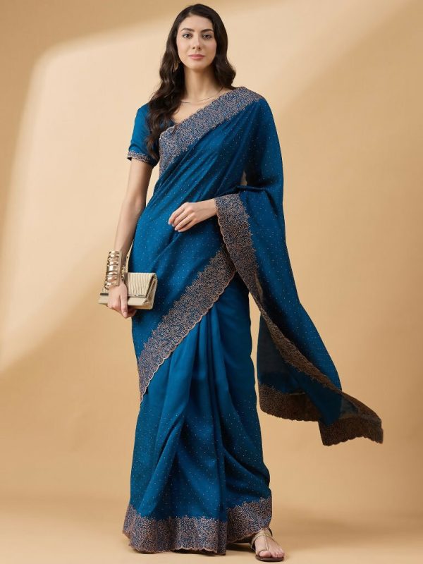 Blue Silk Blend Embroidered Saree with Unstitched Blouse - Vairagi Cheap