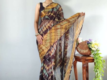 Malishka Chiffon Printed Ready To Wear Saree With Blouse Piece - Brown For Cheap