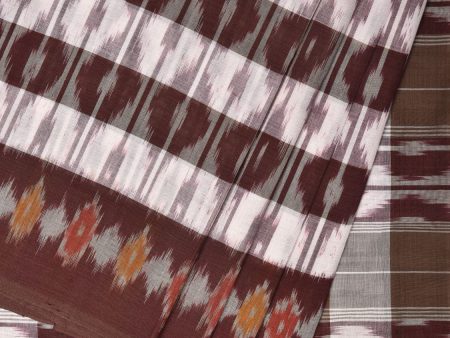 Brown Pochampally Ikat Cotton Handloom Saree with Strips Design No Blouse - Global Threads Cheap