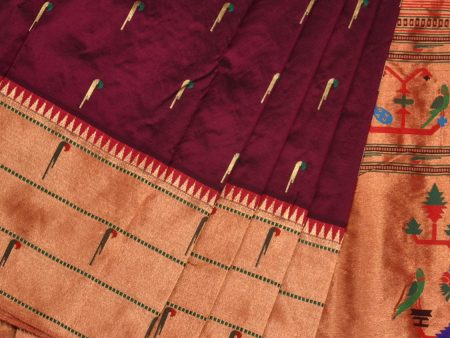 Wine Paithani Silk Handloom Saree with Pallu and Triple Muniya Border Design - Global Threads For Cheap