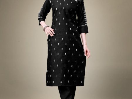 Malishka Women s Embroidered Black Cotton Blend Kurta Pant Set For Sale