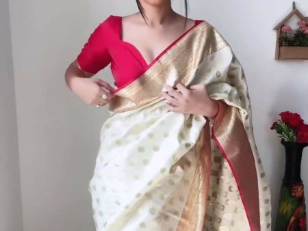 Malishka litchi Silk Jacquard Ready To Wear Saree With Blouse Piece - White Online