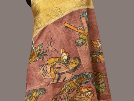 Burgundy Kalamkari Hand Painted Kanchipuram Silk Handloom Dupatta with Painting Design - Global Threads Online