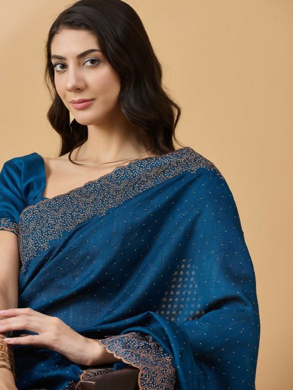 Blue Silk Blend Embroidered Saree with Unstitched Blouse - Vairagi Cheap