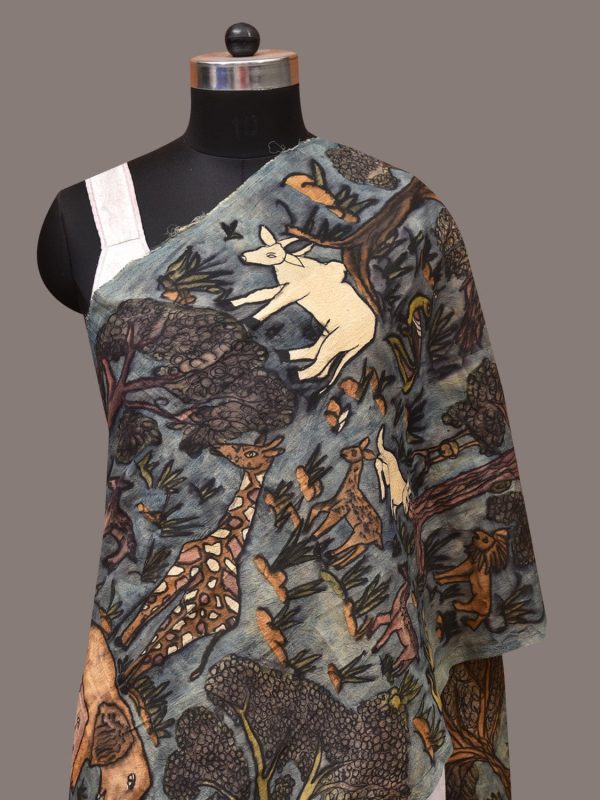 Blue Kalamkari Hand Painted Sico Stole with Animals Design - Global Threads Hot on Sale