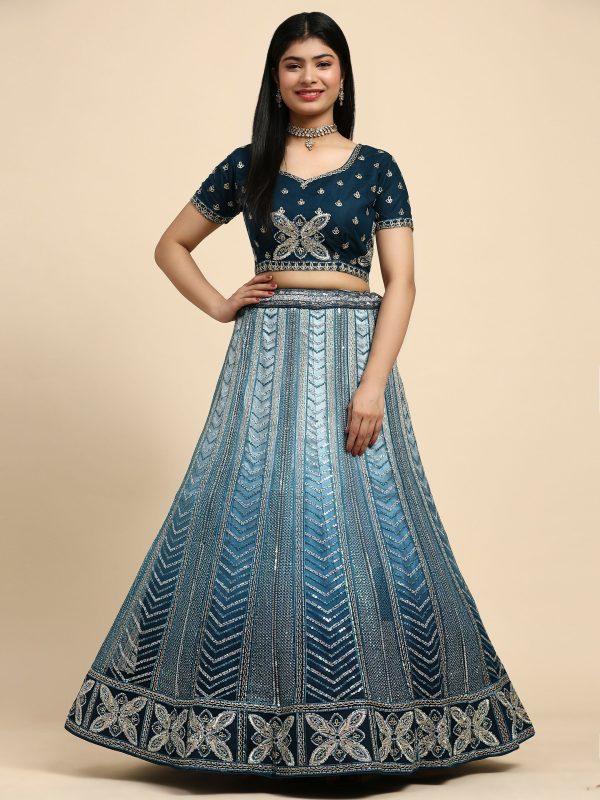 Blue Fancy Net Sequence Embroidered Lehenga Choli with Dupatta - Dhara Sale