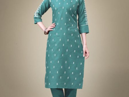 Malishka Women s Embroidered Teal Cotton Blend Kurta Pant Set on Sale