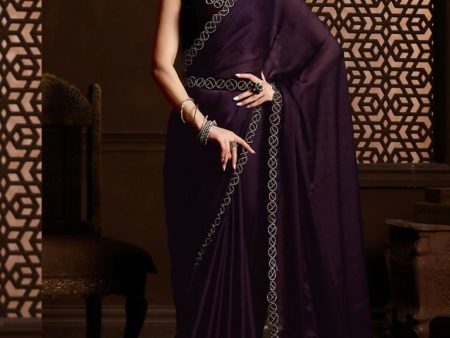 Aafreen Partywear Designer Purple Satin Chiffon Fancy Saree Cheap