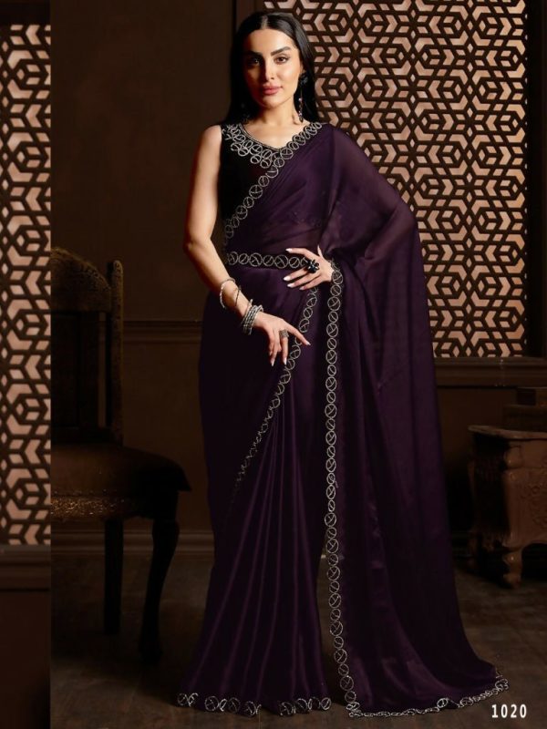 Aafreen Partywear Designer Purple Satin Chiffon Fancy Saree Cheap