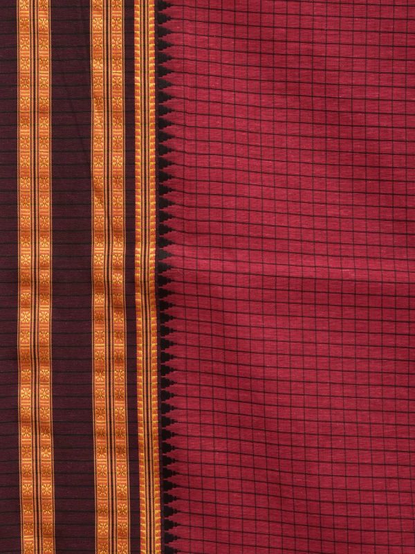 Burgundy Bamboo Cotton Saree with Checks Design - Global Threads on Sale