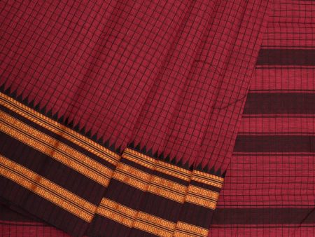 Burgundy Bamboo Cotton Saree with Checks Design - Global Threads on Sale