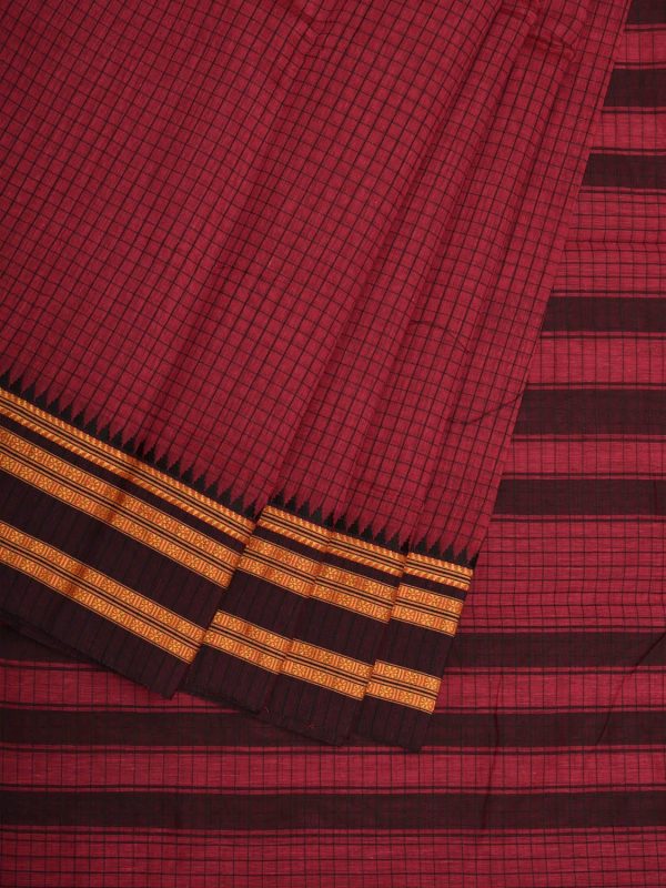 Burgundy Bamboo Cotton Saree with Checks Design - Global Threads on Sale