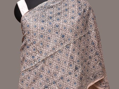 Cream and Blue Kalamkari Block Print Cotton Silk Stole with Geometric Design - Global Threads Cheap