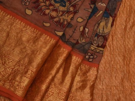 Rust Kalamkari Hand Painted Kanchipuram Silk Handloom Saree with Dashavatar Design - Global Threads Online now