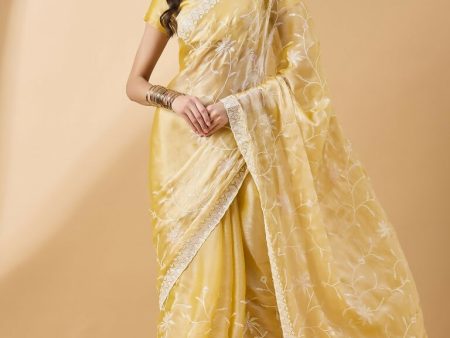 Yellow Tissue Slub Embroidered Saree with Unstitched Blouse - Vairagi Fashion