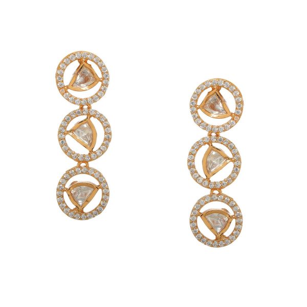 3 Tier Round Diamond and Kundan Earrings (Gold) - Ruby Raang For Sale