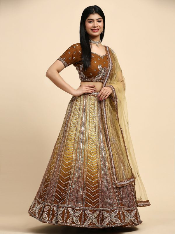 Brown Fancy Net Sequence Embroidered Lehenga Choli with Dupatta - Dhara For Sale