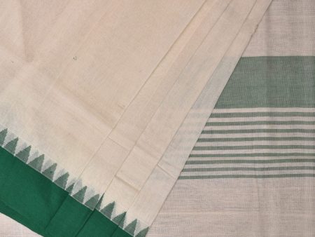 White and Green Khadi Cotton Handloom Plain Saree with Temple Border Design - Global Threads Fashion