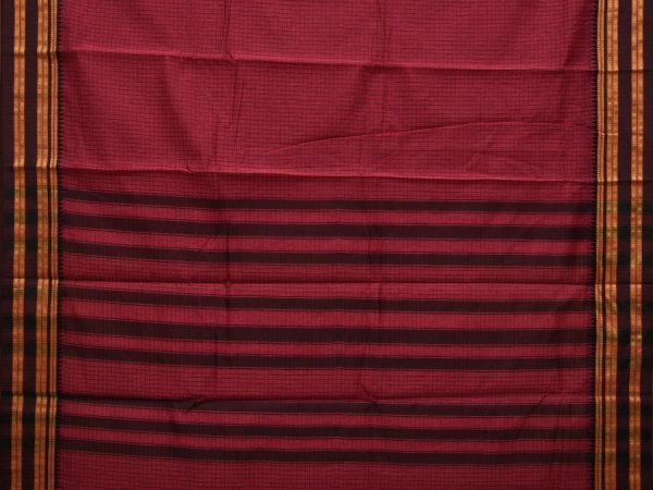 Burgundy Bamboo Cotton Saree with Checks Design - Global Threads on Sale