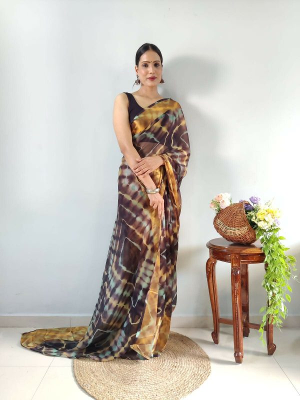 Malishka Chiffon Printed Ready To Wear Saree With Blouse Piece - Brown For Cheap