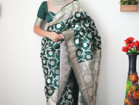 Malishka Banarasi Silk Jacquard Ready To Wear Saree With Blouse Piece - Dark Green Discount