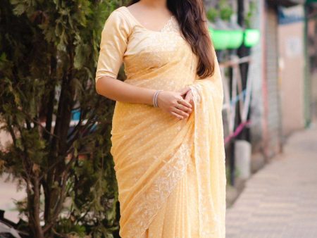 Yellow Pure Chiffon Woven Design Saree with Unstitched Blouse - Hiral Fashion on Sale