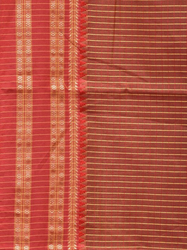 Brown and Rust Bamboo Cotton Saree with Checks Design No Blouse - Global Threads Online Sale