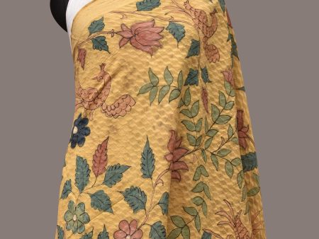 Yellow Kalamkari Hand Painted Cotton Silk Handloom Dupatta with Lotus and Birds Design - Global Threads Online Hot Sale