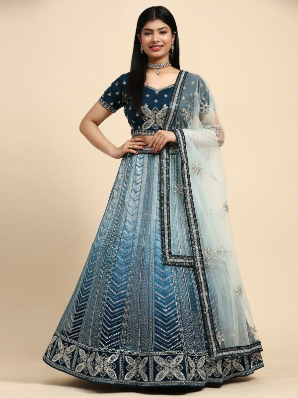 Blue Fancy Net Sequence Embroidered Lehenga Choli with Dupatta - Dhara Sale