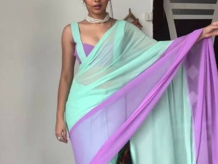 Malishka Georgette Printed Ready To Wear Saree With Blouse Piece - Sea Green Online Hot Sale