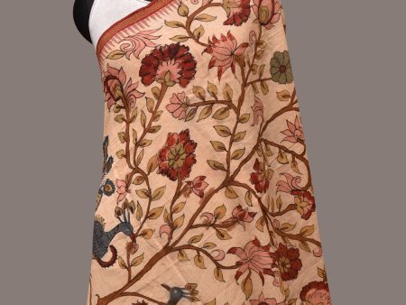 Cream Kalamkari Hand Painted Khadi Cotton Handloom Dupatta with Tree of Life Design - Global Threads Fashion