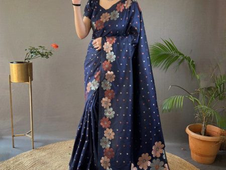 Malishka Banarasi Silk Jacquard Rich Pallu Navy Saree With Blouse Piece Online Hot Sale