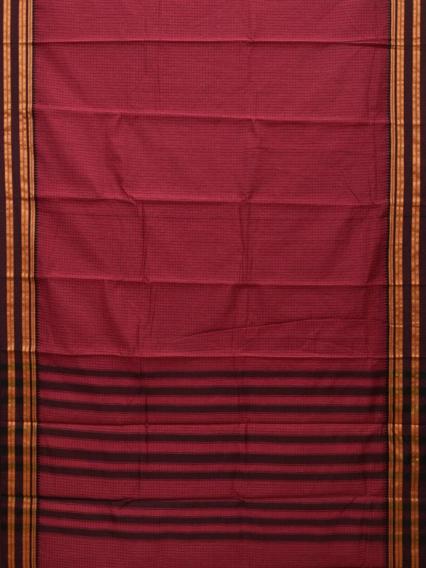 Burgundy Bamboo Cotton Saree with Checks Design - Global Threads on Sale